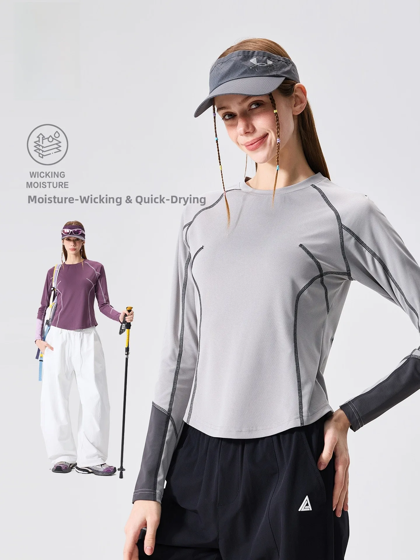 LAZY DAY Outdoor Quick Dry Long Sleeve T-Shirt Women's Slim Fit Sport Top Color Block Hассu Line Moisture Wicking Geometric P...