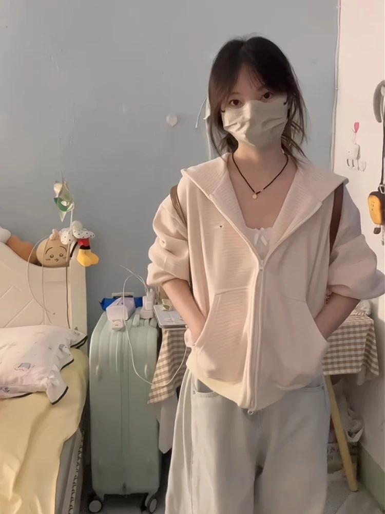 Koreański kardigan w paski z kapturem, rozpinany, damski, długi sweter, casualowy, w stylu lazy, zapinany na zamek, kurtka, nowość na jesień.