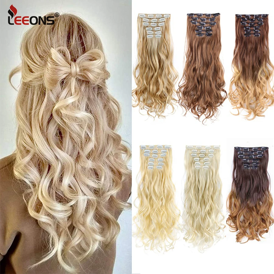 Leeons Synthetic Hair Curly Clip In Wig Extension 16 Clips In Hair Extension Hair Pieces Fake Hair Extension Synthetic 49 Colors