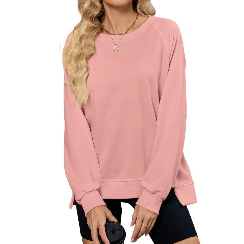 Classic solid Round Neck Raglan Long Sleeve Pullover Top Solid Baby Blue Loose Side Split Hem Soft Basic Sweatshirt For Ladies