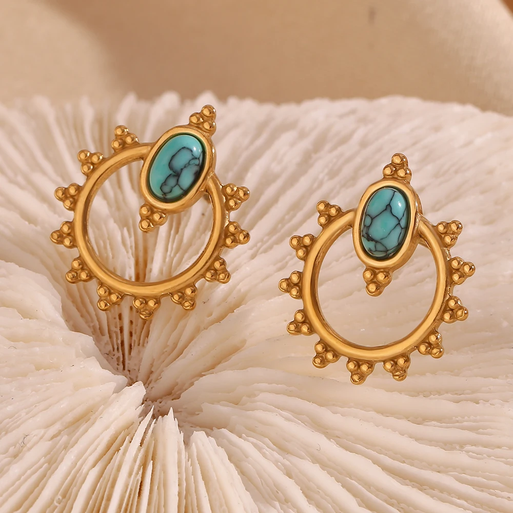 E.B.belle Lace Oval Blue Turquoise Stud Earrings Tarnish Free 18K Gold Plated Women's Earrings 316L Stainless Steel Gift