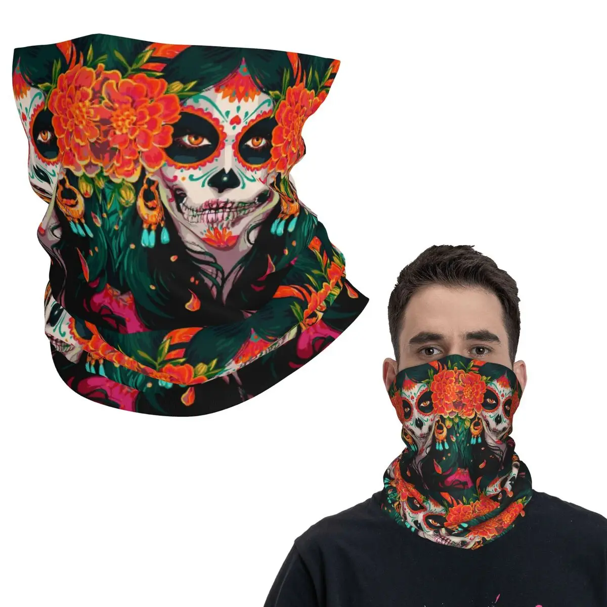 Halloween Catrina calavera de azúcar Día de los muertos señora mexicana Bandana cuello polaina máscara impresa bufanda diadema para hombres mujeres adultos