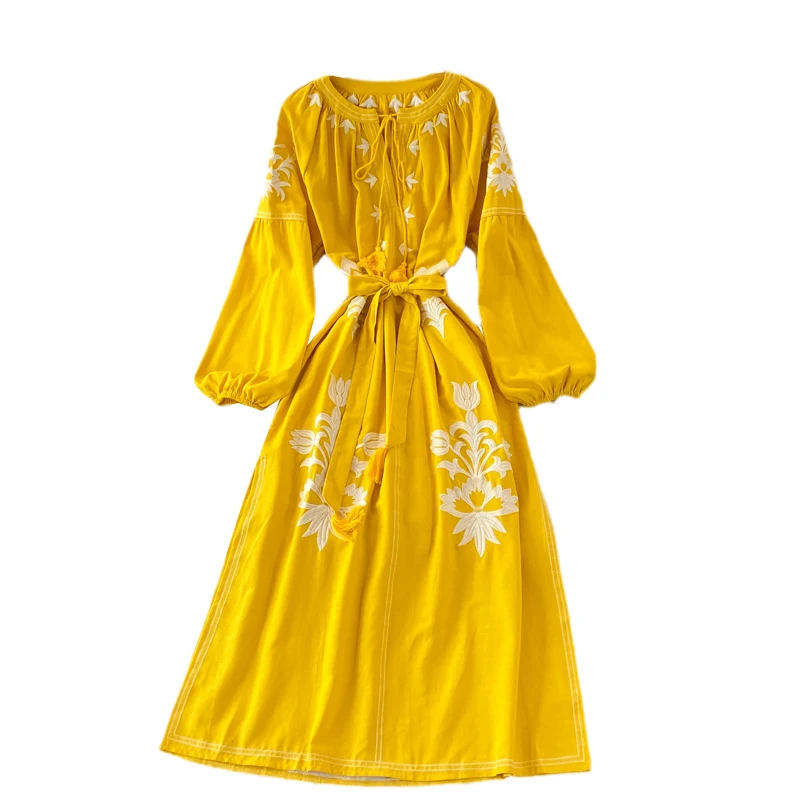 فستان طويل بوهيمي فضفاض بياقة مستديرة وأكمام واسعة بنمط عرقي للسفر، فستان نسائي مطرز بتنورة كاملة #2