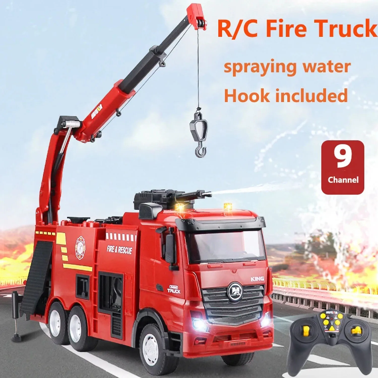 2.4G RC Toy HUINA 1362 1/18 Scale Remote Control Fire Fighting Truck RTR 9CH Sprinkler Car Toys Gifts for Boys TH24246