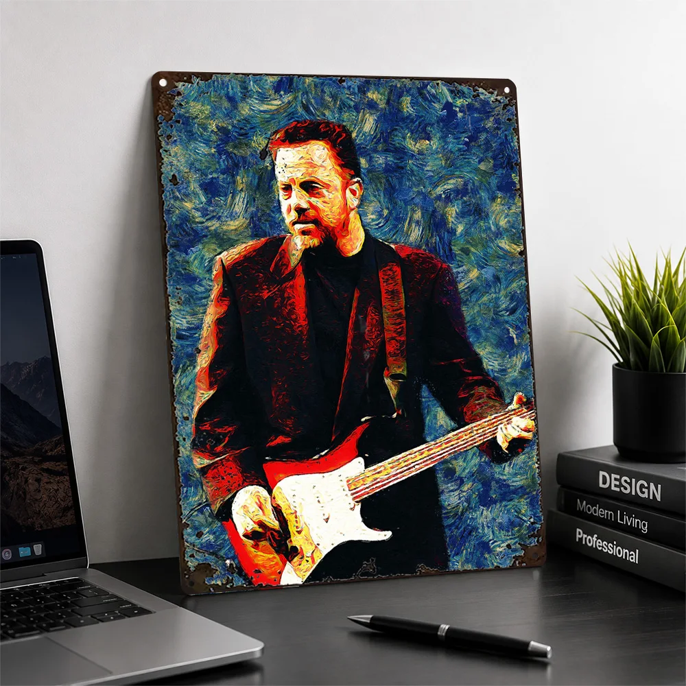 Billy Joel With Guitar Textured Metal Poster Starry Night Inspired Wall Art For Bedroom Personalized Aluminum Sign Musician Gift