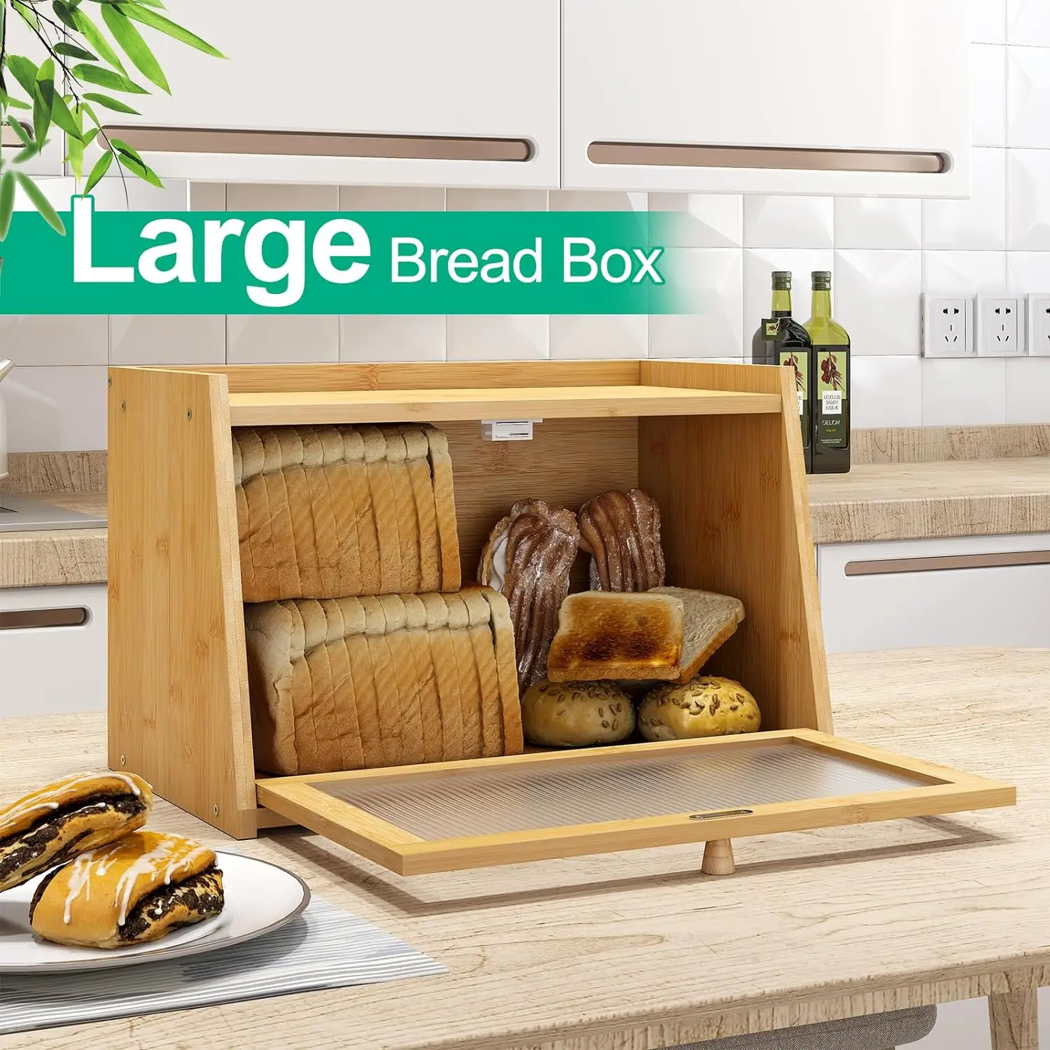 Bread Box for Kitchen Counter, Bamboo Bread Storage Container with Wavy Arcylic Transparent Door, Bamboo Wooden Farmhouse Bread