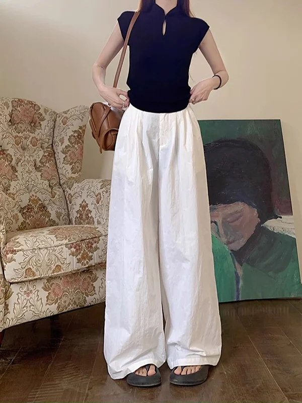 สีขาวขี้เกียจ Sle กางเกงลําลองกางเกงขากว้างเอวสูงผู้หญิงฤดูร้อนหลวม Fit Drapey กางเกงขายาวเวอร์ชั่นเกาหลีตรง L...