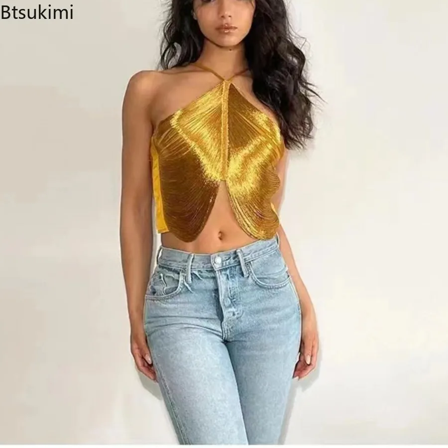 Summer New Sexy Tassel Holder Gold Cropped Tops for Women 2026 Luxury Ladies Asymmetric Streetwear Gothic Mini Tank Tops Club