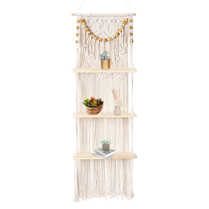 

Hot Macrame Wall Hanging 3-Tier Floating Wall Shelves For Bedroom, Bathroom, Nursery, Boho Wall Decor Shelves For Plant Pot