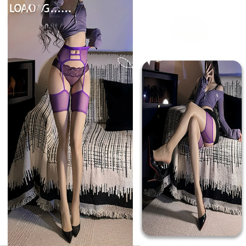 Sexy grid waist corset suspender stockings women saddle oil red purple black medias club influencer thigh high socks open crotch