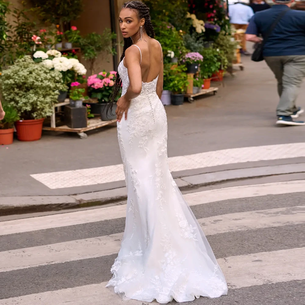 Simple Mermaid Spaghetti Strap Square Neck Wedding Dresses Applique Lace Bridal Grown Customized Open Back New Vestidos De Novia
