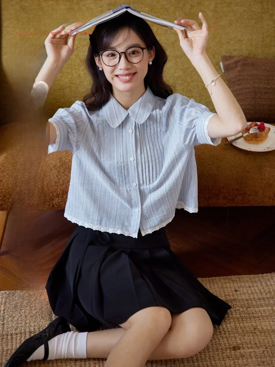 

Retro Loose ort Sve Women's irt Blue Stripes Turn-down Collar Cotton Casual Top Summer Faion Ele Simple