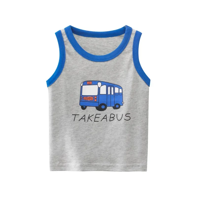 Cartoon Bus Vests Top Boys 2024 Children Summer New T-shirt Sports Vest Dinosaur Shark Camisole Kids Outfits 2-10Y Dropshipping