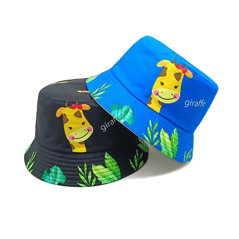 2024 Four Seasons Polyester Cartoon Giraffe Print Bucket Hat Outdoor Travel Sun Cap For Child Boy and Girl 100