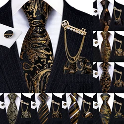 Barry.Wang Gold Black Jacquard Silk Mens Tie Hanky Cufflink Brooch Set Floral Paisley Necktie Pin For Male Wedding Business Gift