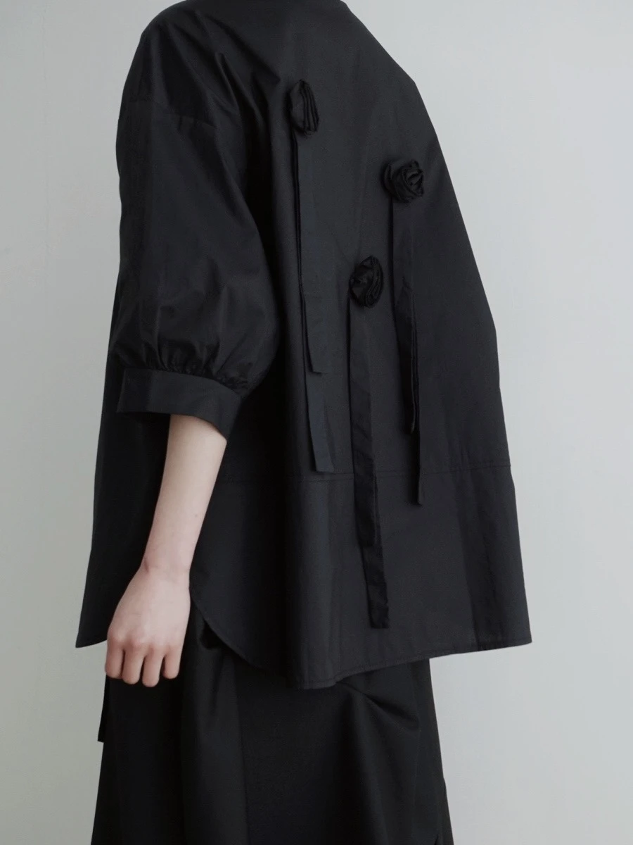 

Dark Rose Bubble Sleeve Shirt with Belt Design 3D Printed Cotton Casual Top for Young Women in Their Late Twenties