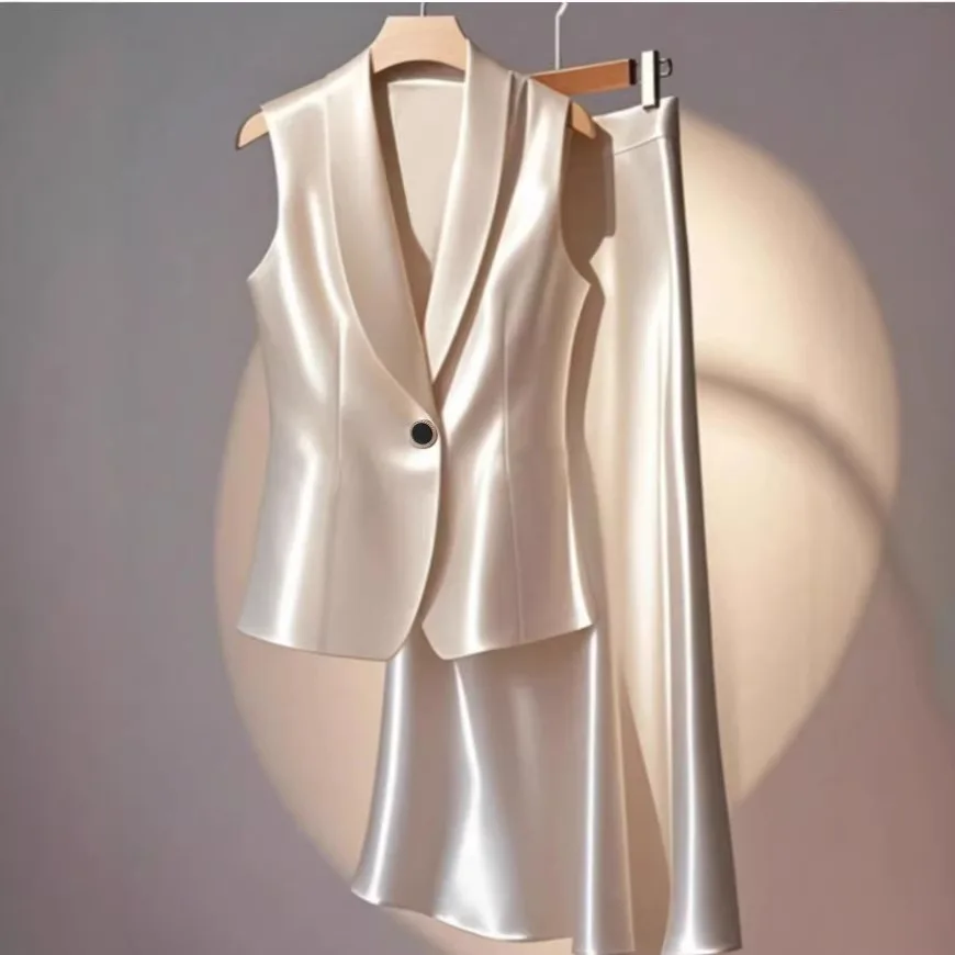 

2026 New Spring/Autumn Solid Color Casual Versatile Slim Fit Vest and Long Dress Satin Set