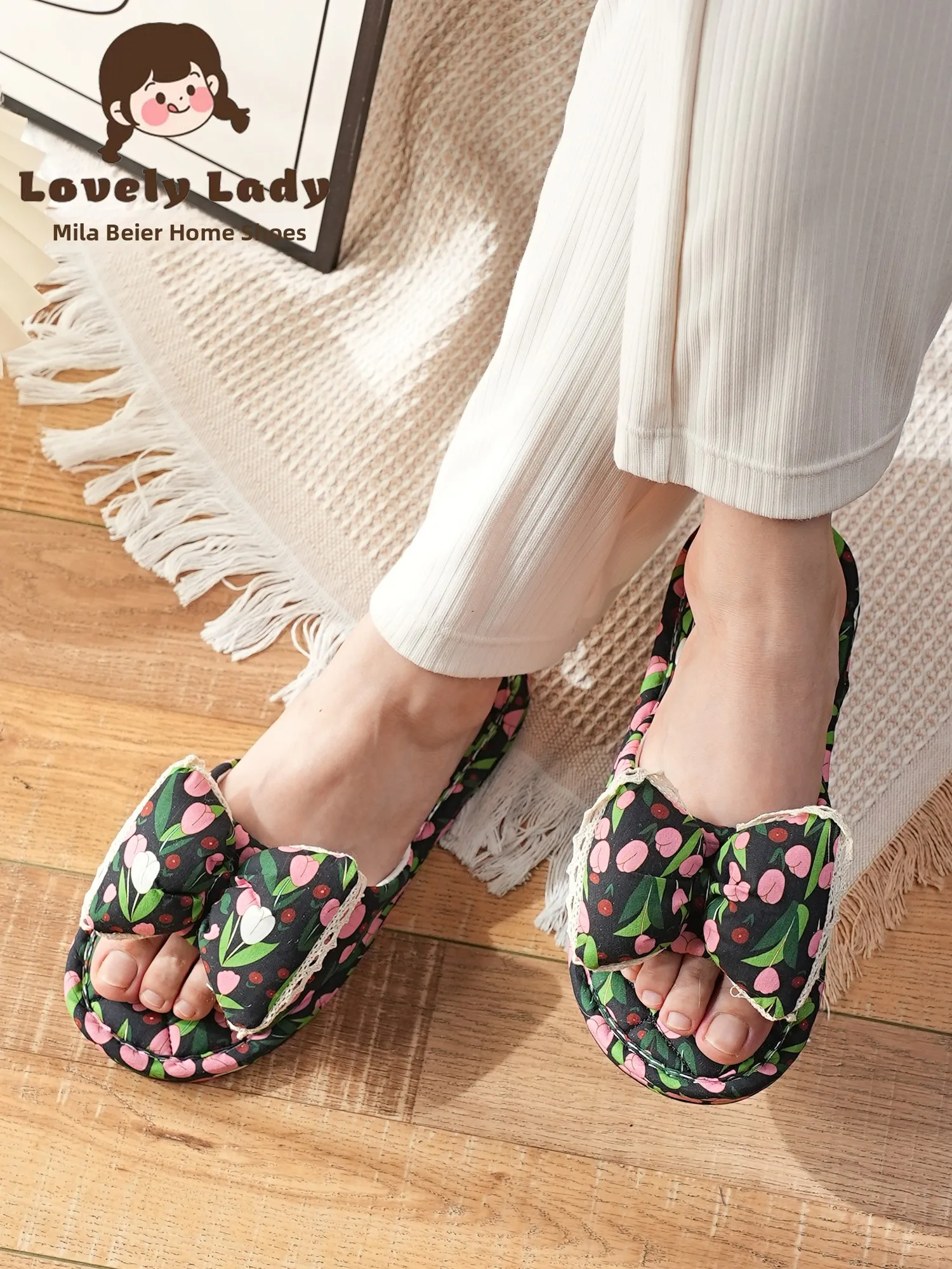 

Thickened Pure Cotton Fabric Knot Princess Style Women's Indoor Home Slippers Anti-Slip Comfortable Soft Cotton Sli...