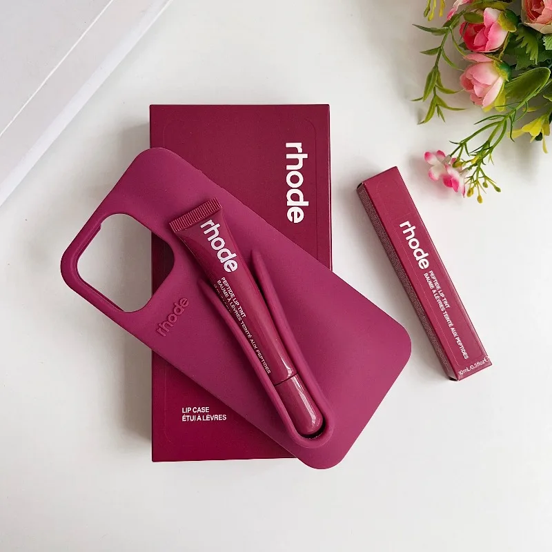 مع صندوق أحمر الشفاه رود جراب هاتف آيفون 16 17 الهواء 15 14 13 12 11 برو ماكس زائد ماكياج حامل ملمع الشفاه سيليكون الغطاء الخلفي