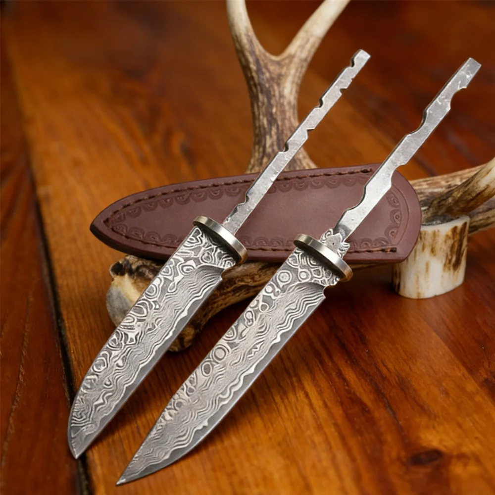 Dropship Diy Semi - Finished Manual Straight  Damascus Steel Fixed Blade Knife Forging Damask Camping with Leather