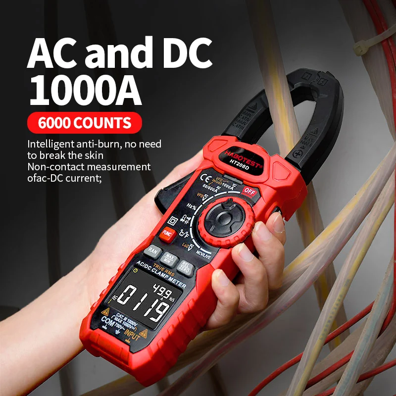 HABOTEST medidor de pinza Digital AC/DC, alicates de corriente 600A 1000A, amperímetro, multímetro verdadero RMS, probador profesional de