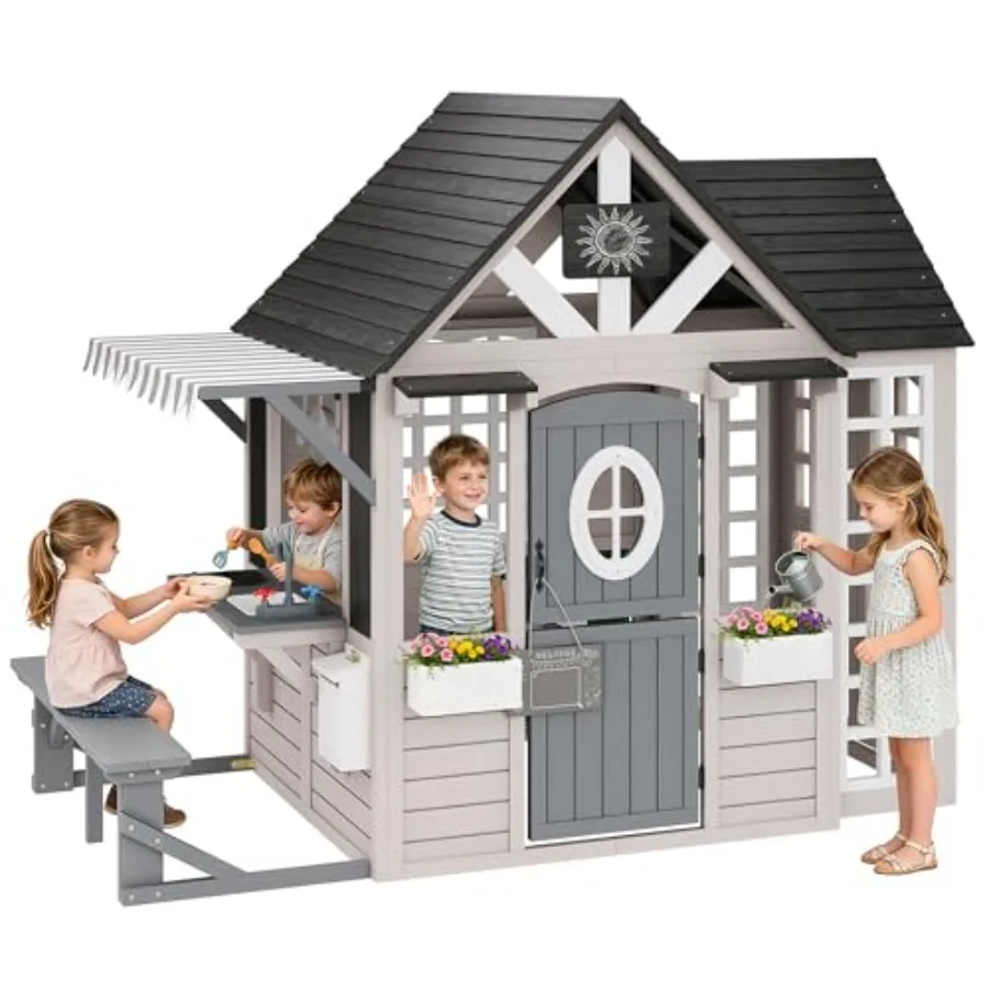 Outdoor wooden playhouse for kids aged 3-8: natural wood finish, beige and green accents, includes kitchen, bench, chalkboard,