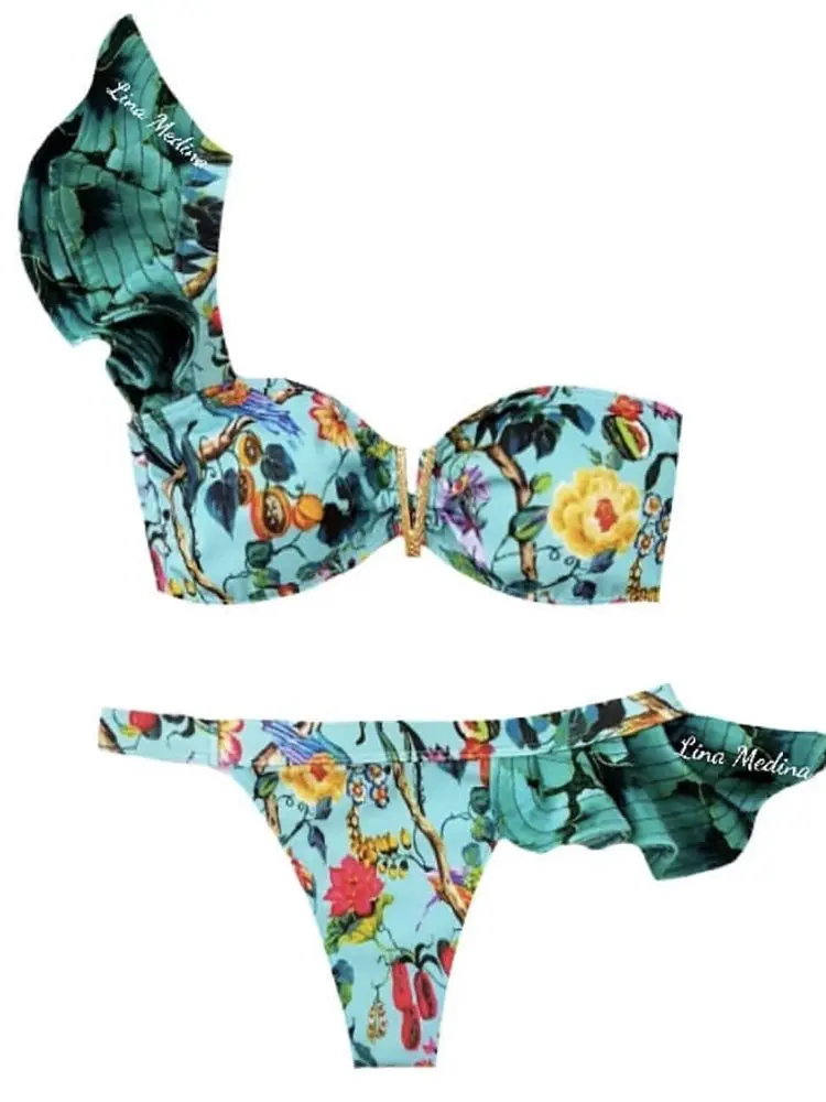 Two-Pieces Women Floral 2022 Push-Up Strappy Ruffles Bandage Bikini Set Swimsuit Swimwear Bathing Suit Beachwear Biquini