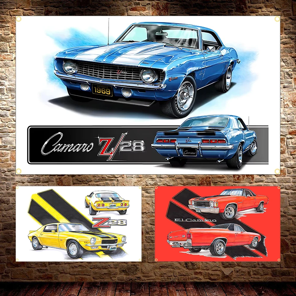 60x90cm 90x150cm Classic American Muscle Car Flag Polyester Printed Banner Decor Tapestry for CamaroS Z18 Car Decor