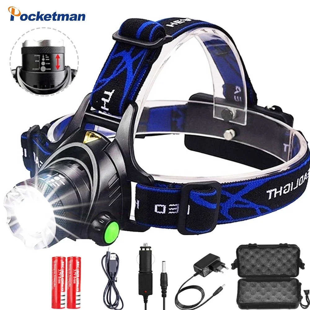 Powerful LED Headlamp DC Charging Super Bright Headlight Zoomable Head Flashlight Rechargeable Long Range Head Lamp