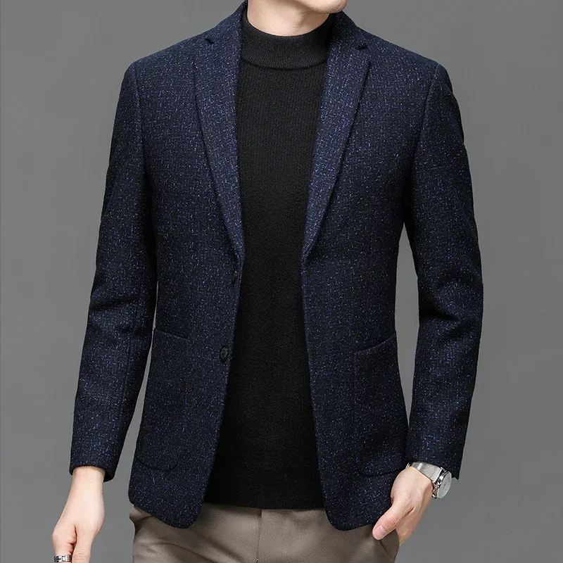 2024 Classical Men Navy Blue Tweed Wool Blazers Sheep Woolen Suit Jackets Gentlemen Fashion Outfits for Business and Casual Wear