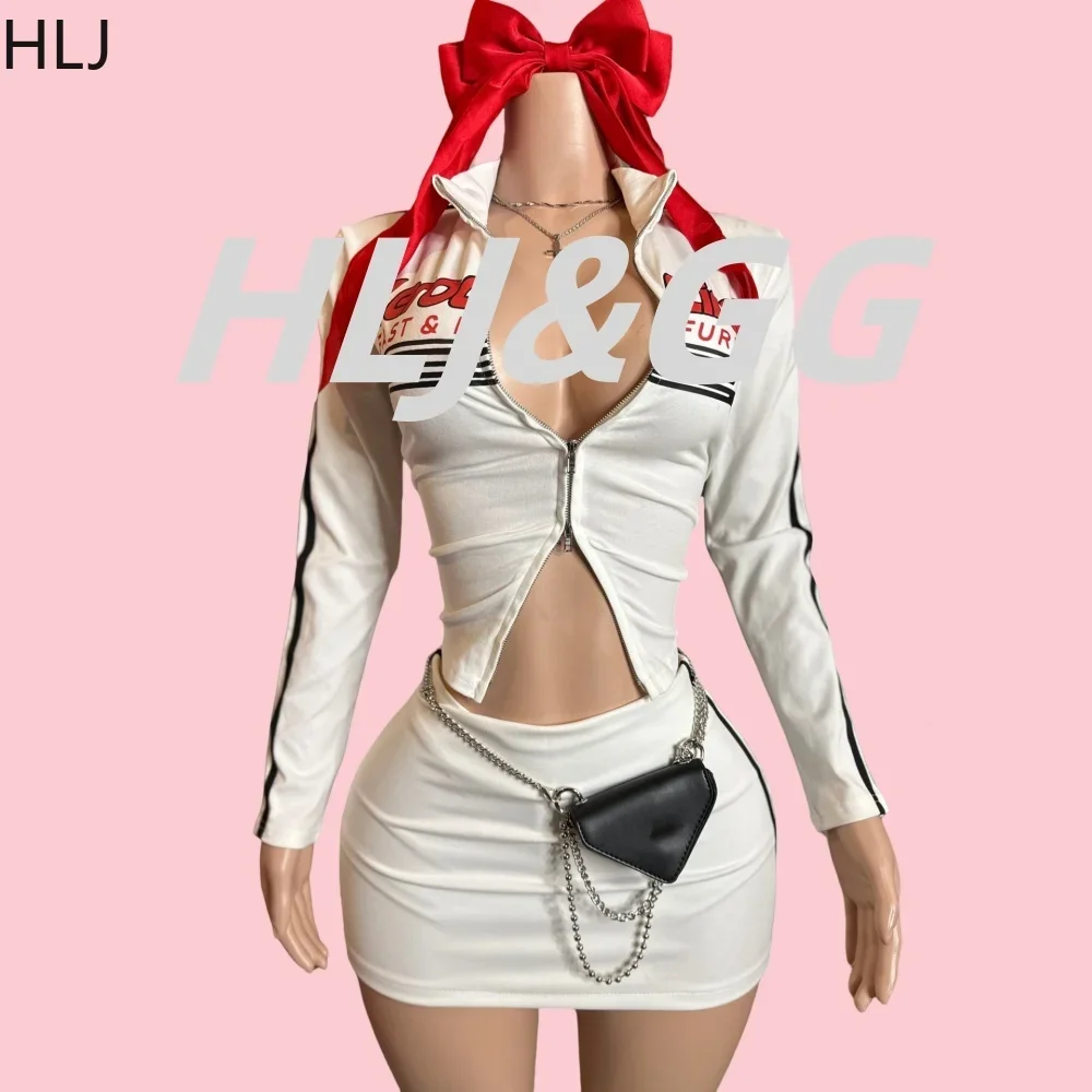 HLJ&GG American Vintage Y2K Two Piece Sets Women Zip Long Sleeve Letter Print Slim Top And Mini Skirts Outfit Fashion Streetwear