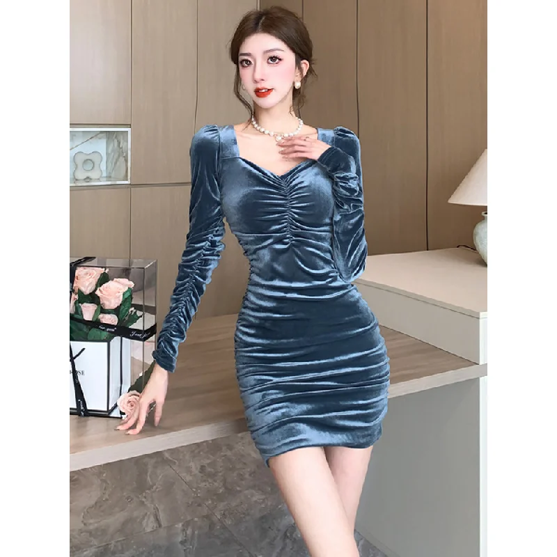 

Europe and America 2024 Long Sleeve Square-Neck Pleated Waist Tight Velvet Sheath Jumpsuit Skirt