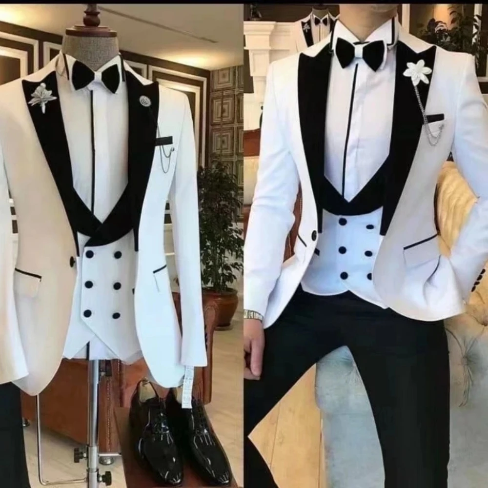 Ternos masculinos brancos slim fit de três peças, smoking de noivo para padrinhos de casamento, terno estilo italiano, jaqueta com colete e calça dupla