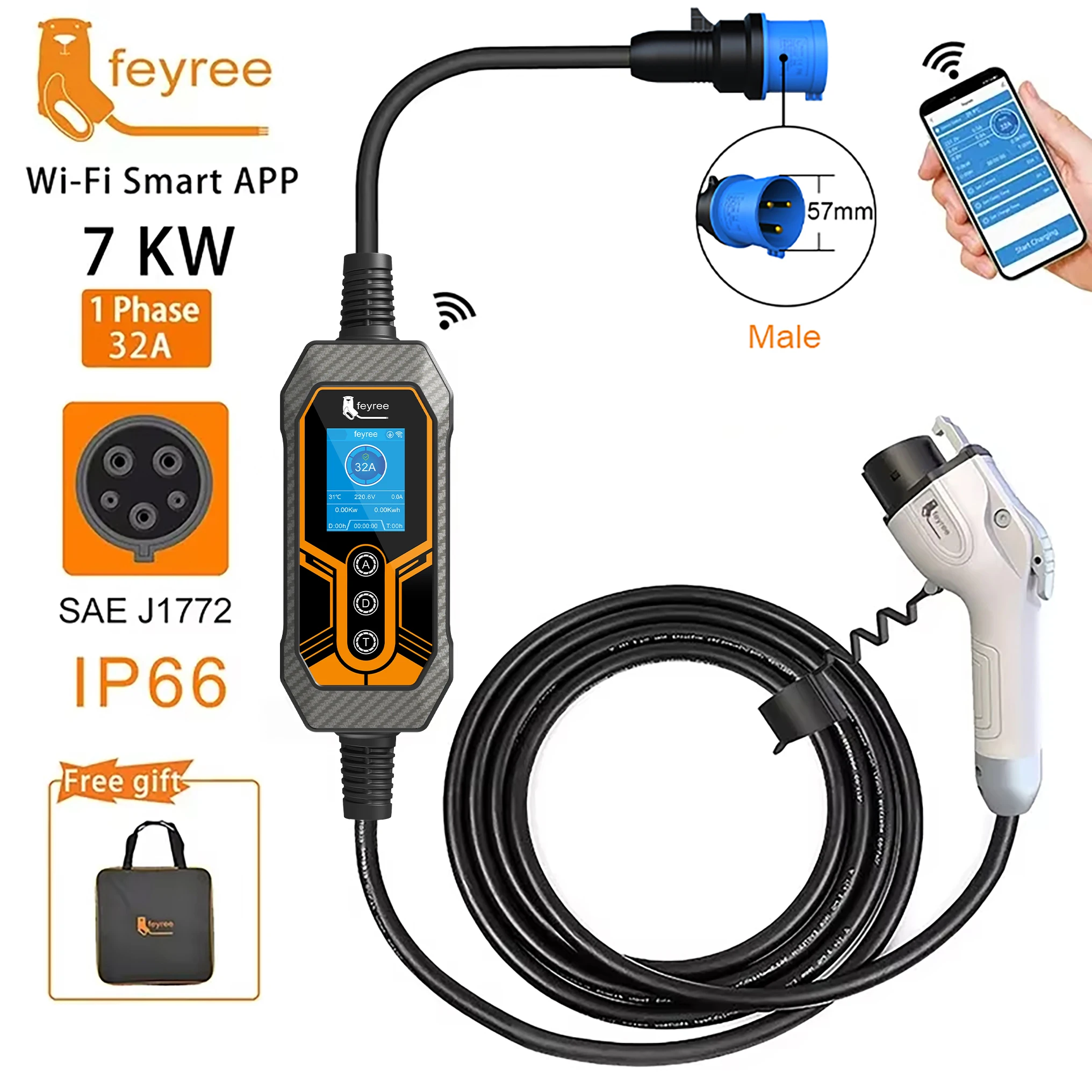 feyree Portable EV Charger Wallbox Type1 j1772 Socket 32A 7KW 1Phase APP Control EVSE Portable Charging Box for Electric Vehicle