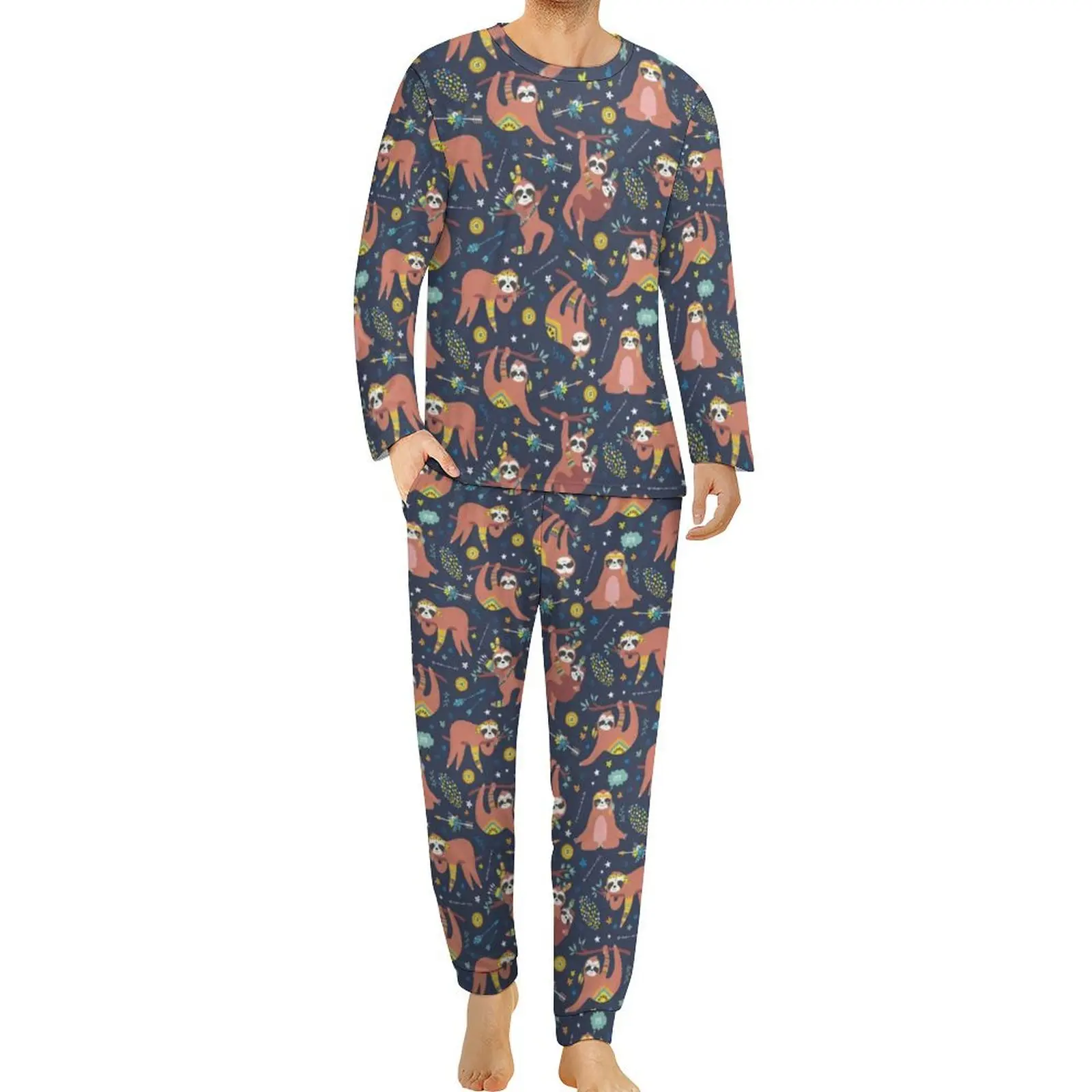 Cute Sloths Pattern Pajamas Men Lazy Animals Warm Sleepwear Spring Long Sleeve 2 Pieces Night Print Pajama Sets Big Size 4XL 5XL