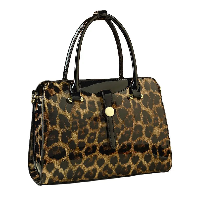 Luxurious glossy leopard print handbag with a flip-top round design, multiple compartments, suitable business, commut