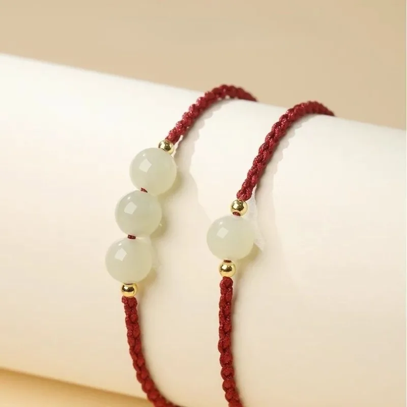 Vintage Artistic Natural Hetian Jade Charm Bracelet Women's Lucky Red Woven Bracelet with Couples Wholesale