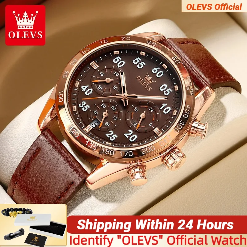 OLEVS TOP Brand Men's Watches Multifunctional Chronocoder Date Coffee Leather Waterproof Stainless steel Quartz Watch for Men