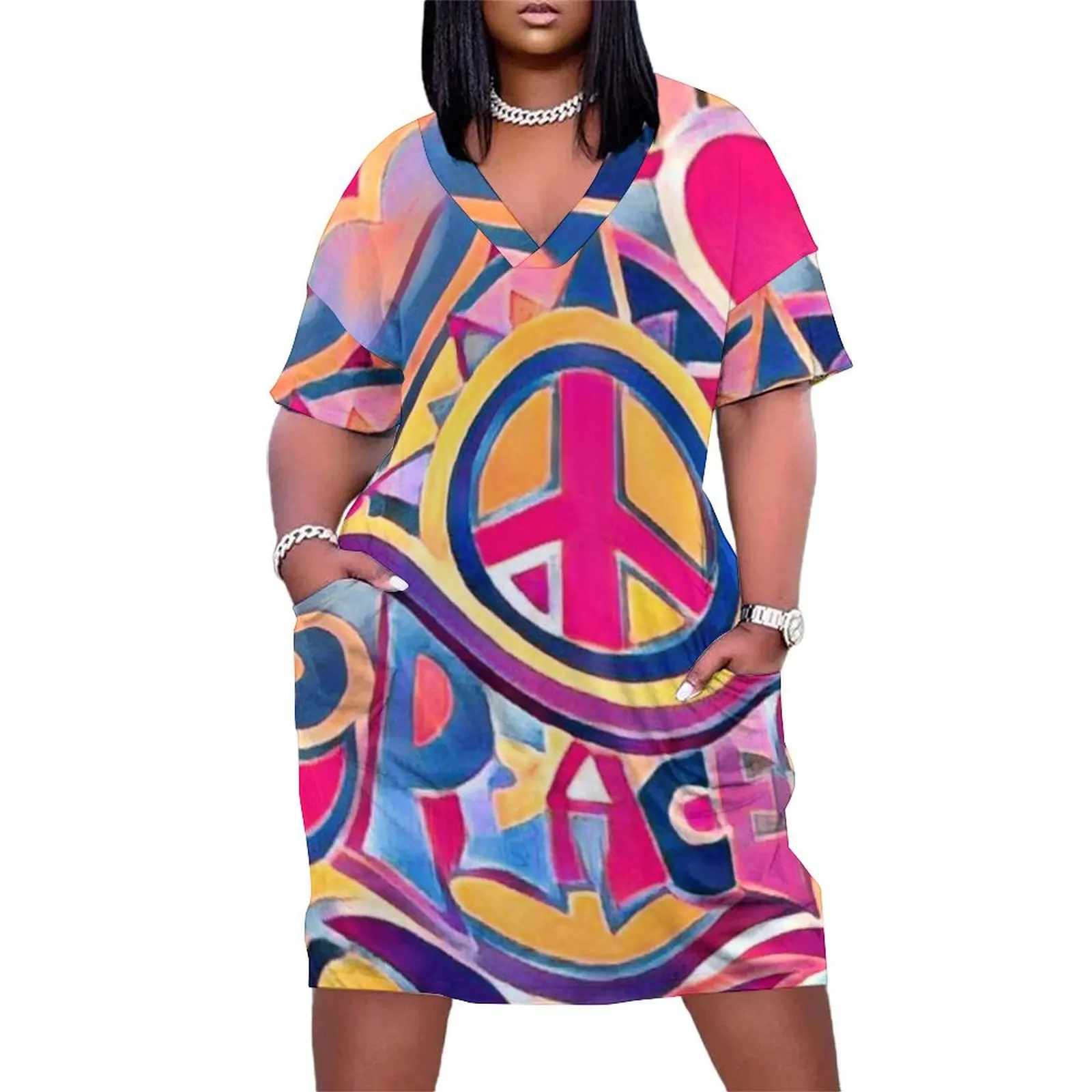 Peace and Love Hippie Retro Art Loose Pocket Dress woman dress clothes