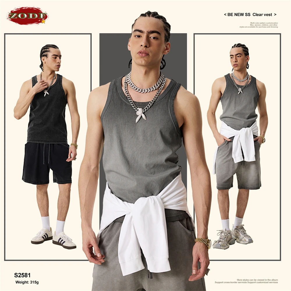 ZODF Retro 2025 Men Summer Washed Tank Tops Unisex Casual 315gsm Sleeveless Tops Sport TEE Vest Streetwears HY0980