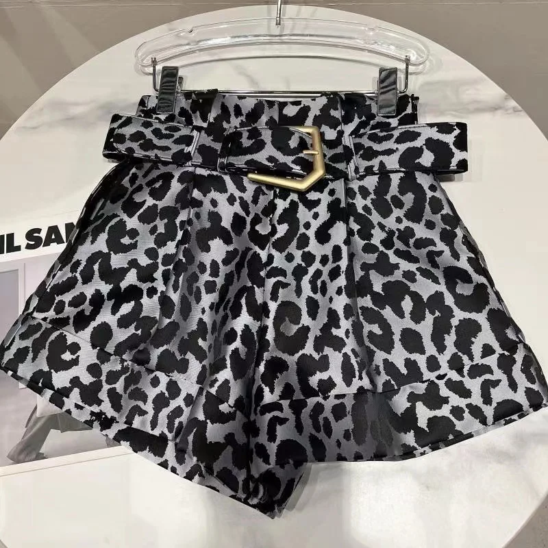 Girls Spring Autumn New High Waist Elastic Shorts Korean Children Wide Leg A-line Shorts Fashion Leopard Pattern Suit Hot Pants