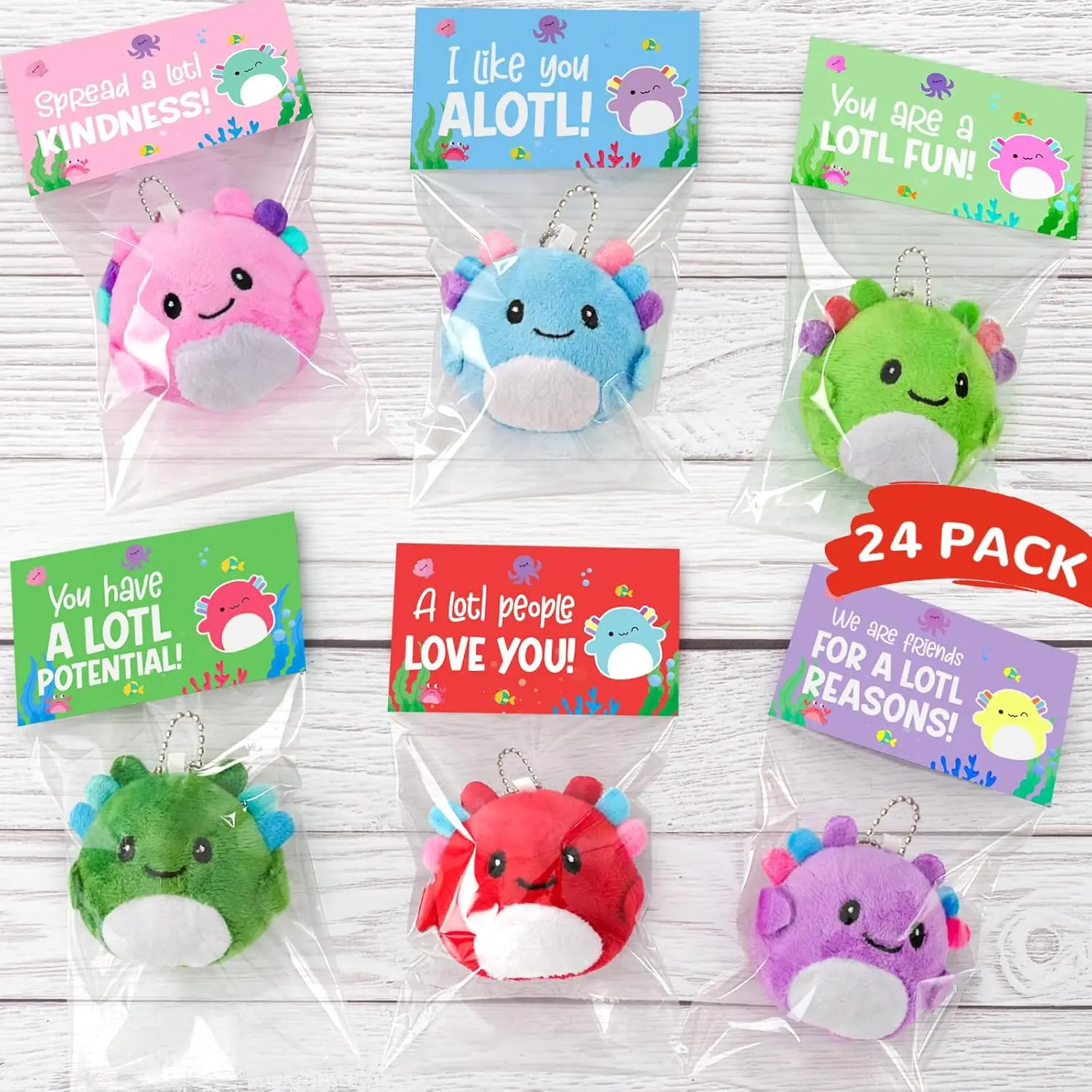 

24 Pack Axolotl Plush Keychains with Valentine's Cards - Cute Stuffed Animals for Kids Classroom Exchange Party Favors