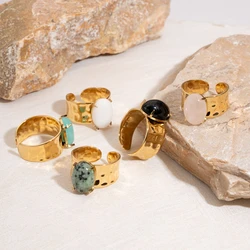 18K Gold Plated Stainless Steel Open Ring Inlaid with Natural Stones Shaped Anti-allergic Metal Personality Jewelry for Women