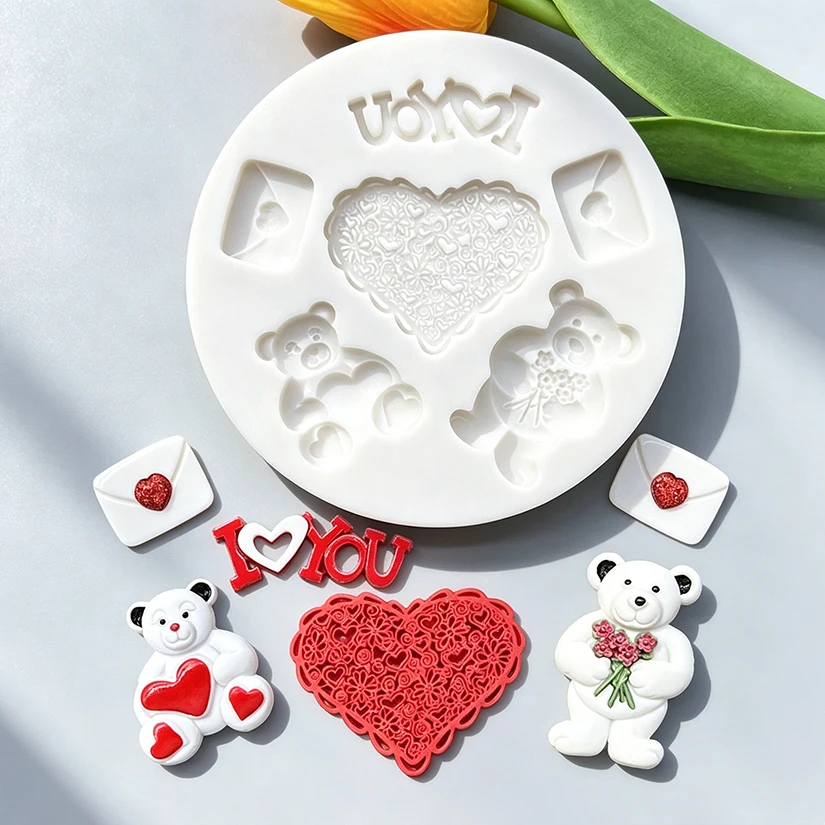 LOVE Heart Bear Hugs Valentine's Day Silicone Cake Baking Mold Sugarcraft Chocolate Cupcake Fondant Cake Decorating Tools