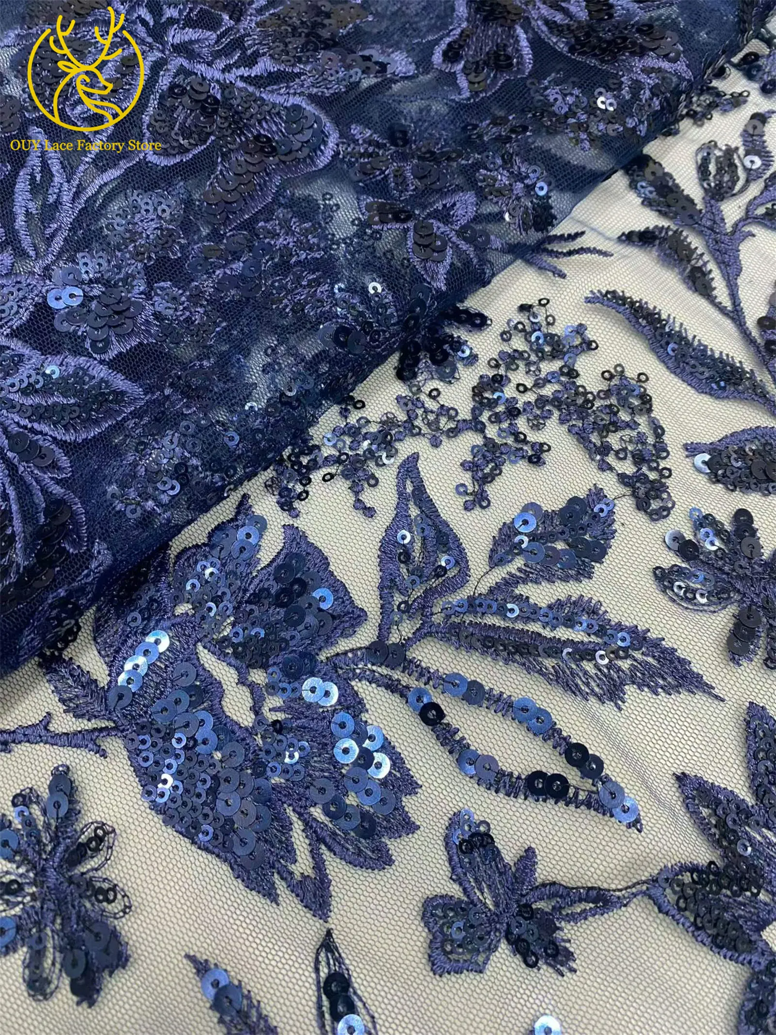 Goldener Luxus-Tüllstoff mit französischer Stickerei und Pailletten, afrikanischer Pailletten-Mesh-Tüllstoff zum Nähen von Hochzeits- und Abendkleidern – Detail 14