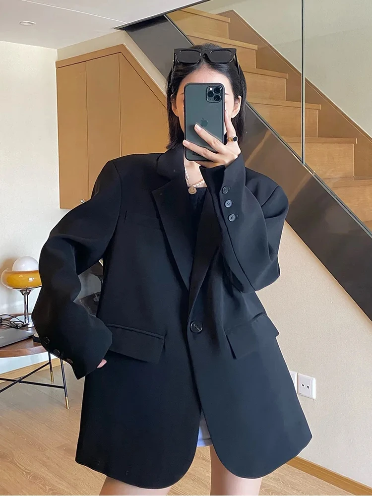 Black Elegant Women Blazers Korean Loose Casual Office Lady Single Button Suit Coats Spring Autumn Vintage Long Sleeve Outwear