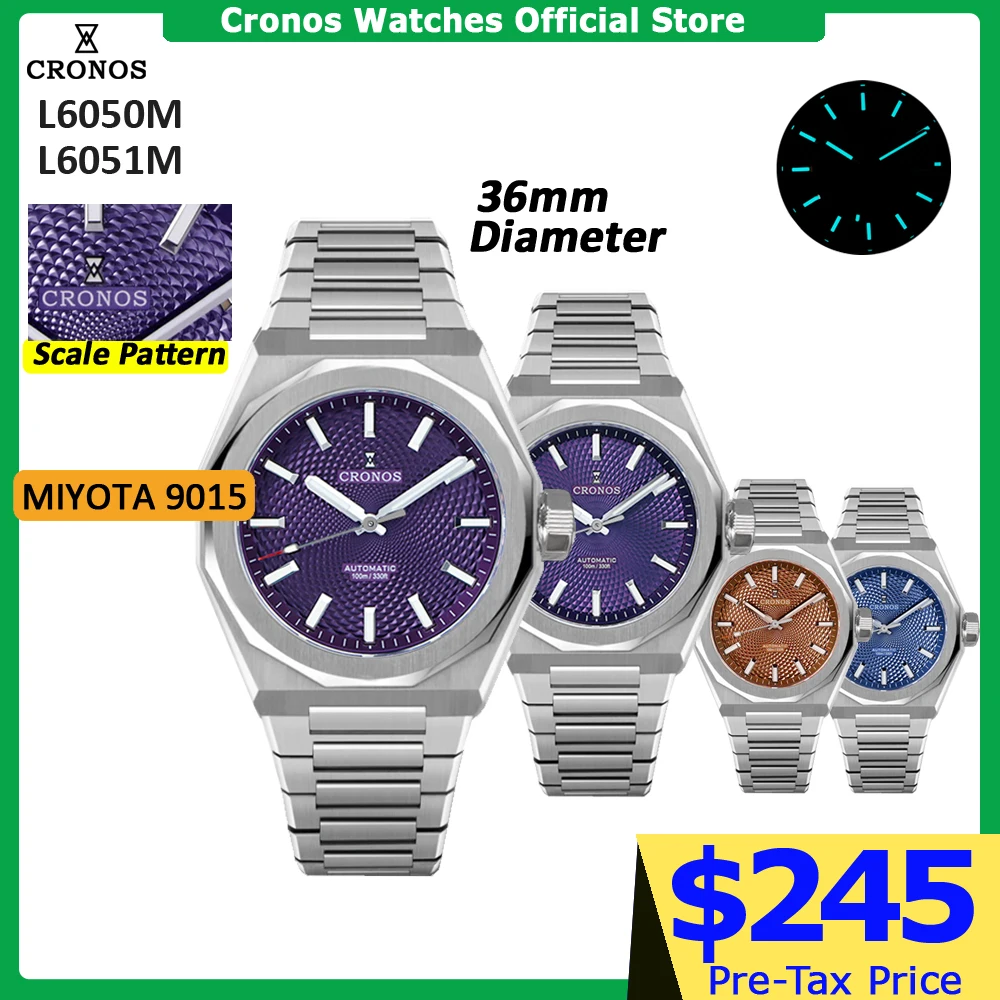 

Cronos Luxury Men Watch 36mm Automatic PT5000 Wristwatches Brown Rhombus Pattern Sapphire 10ATM See-through Back L6050M L6051M