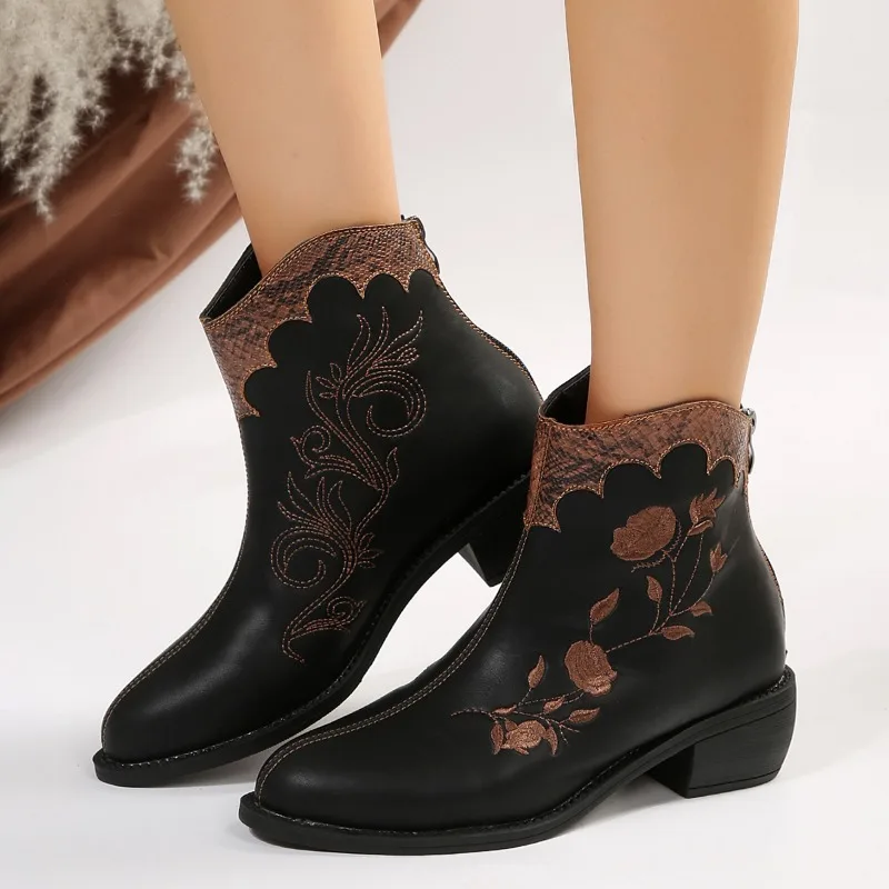 

Women's single boots spring autumn new pointy embroidered short boots color matching fashion temperament increase leather shoes