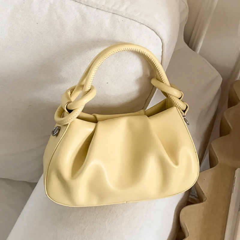 Trendy Minimal Ruched PU Leather Mini Crossbody Bag Magnetic Snap Yellow Cloud Small Handbag Women Dating Holiday Versatile Bag