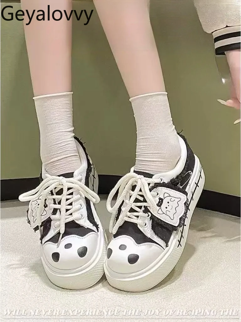 

2026 New Student Versatile Lolita Platform Sneakers Black & White Punk-inspired Lace-up Casual Chunky Sole Canvas Shoes